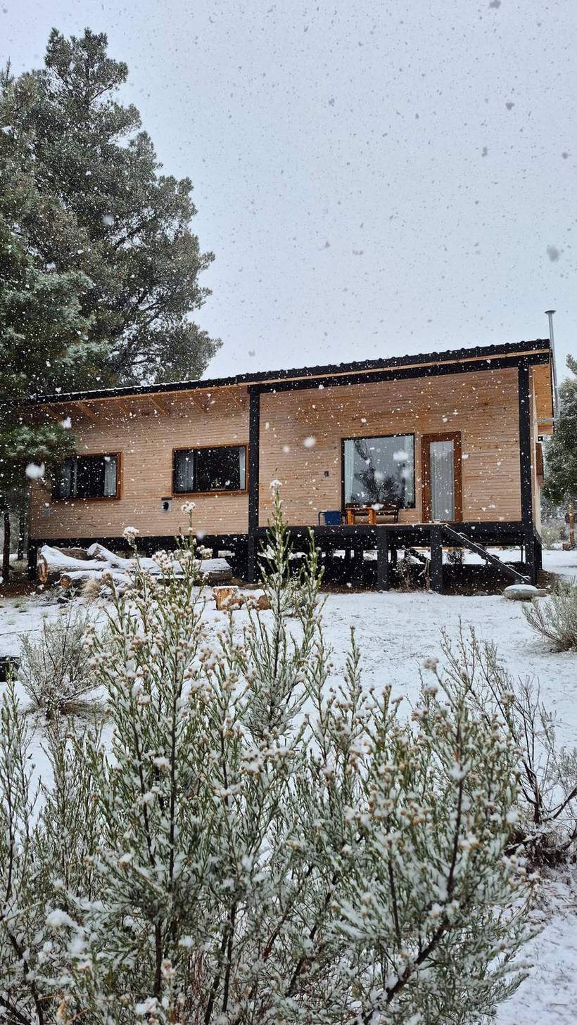 La cabaña nevada entre los árboles